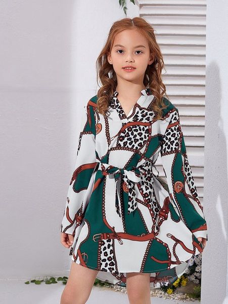 

girls leopard & chain print belted notch dress she, Red;yellow
