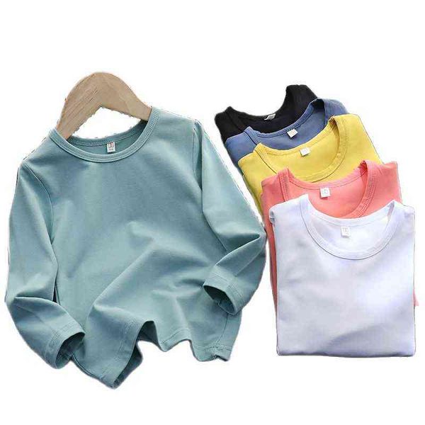 

2021 children's spring and autumn long-sleeved t-shirt boys and girls cotton round neck children's solid color 2001 25 g1224, Blue