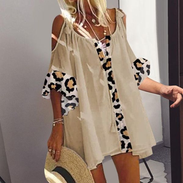

casual dresses cotton linen ruffle dress womens leopard print off shoulder loose plus size mini beach bohemian, Black;gray