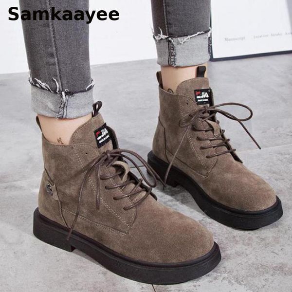 

boots size 35-39 womens spring autumn female botas lace-up ankle shoes flock round toe mujer motorcycle solid booties y30, Black