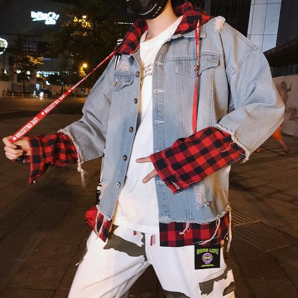 

men's jackets spring autumn 2021 teenagers street denim jacket loose hong kong style gown trend plaid fake two piece casual, Black;brown