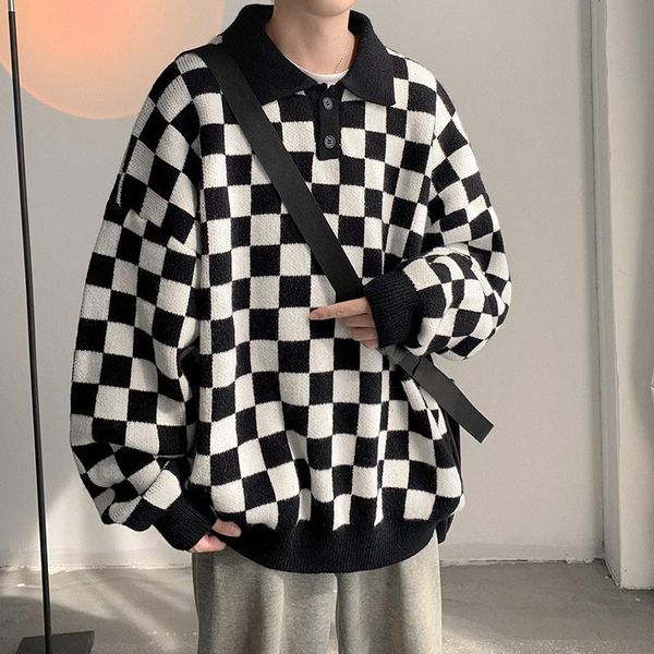 

men's sweaters wear sweater 2021 autumn and winter plaid loose all-match turn-down collar vintage oversize kintted pullover, White;black