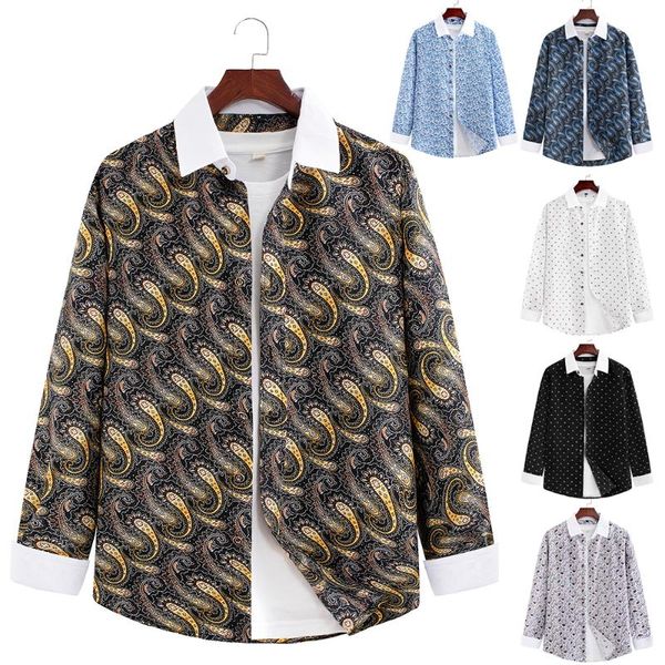 

men's casual shirts 2021 fashion patchwork color national wind shirt printed men's large size -5xl, White;black