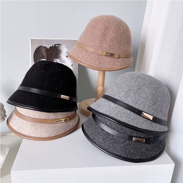 

fashion fedora s for women autumn winter pu edging belt decoration bucket hat wool dome cap female windproof 2021, Blue;gray
