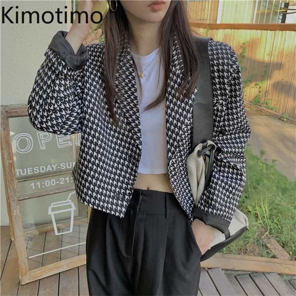 Kimotimo Crop Blazer Jacke Herbst Frauen Langarm Hahnentritt Kerb Büro Dame High Street Elegante Mantel 211019