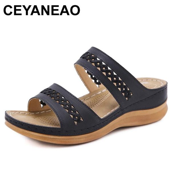 

ceyaneao women summer new slippers ladies wedges shoes female casual non-slip sandals comfortable platform large size flip flop, Black