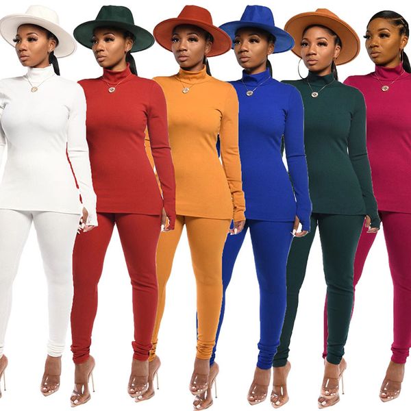 

2021 new solid color slim tshirts & pencil pants knitting women two piece outfits autumn european and american fashion casual suits hld3, Gray