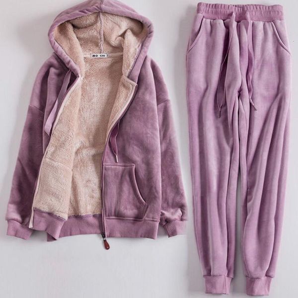 

new two-piece women's fleece hoodies winter female warm set, White
