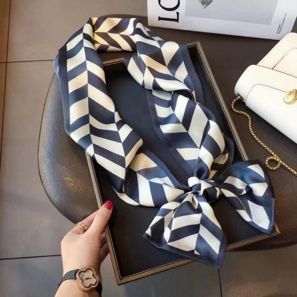 

scarves bysifa| summer pure silk scarf ribbon fashion navy blue white striped women long hijab elegant headscarves, Blue;gray