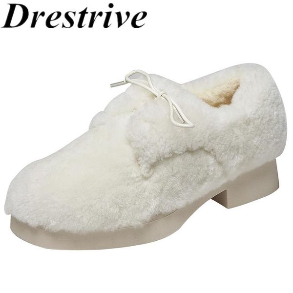 

dress shoes drestrive 2021 winter women pumps thick low heels wool round toe lace up fur fashion white waring casual, Black