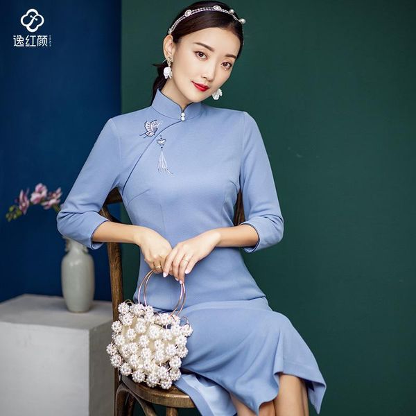 

ethnic clothing long improved cheongsam female butterfly in the spring and autumn period 7 minutes of sleeve knit embroidery, Red