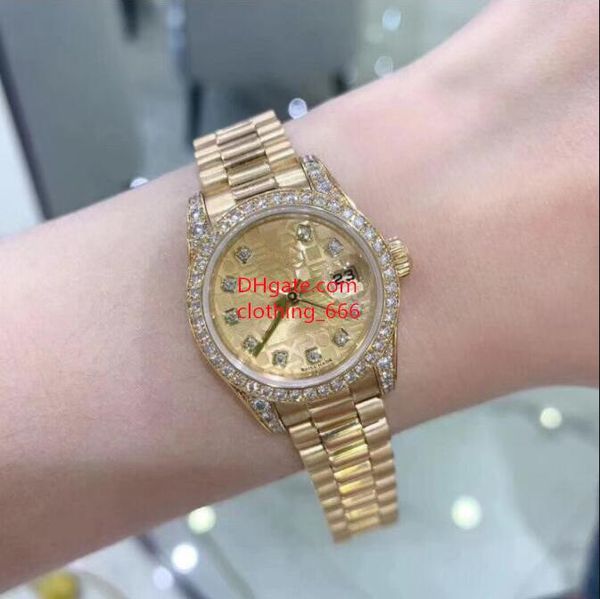 

women watch calendar 179158 26mm classic pattern dial diamond bezel yellow gold stainless steel bracelet luxury watches waterproof with box, Slivery;brown