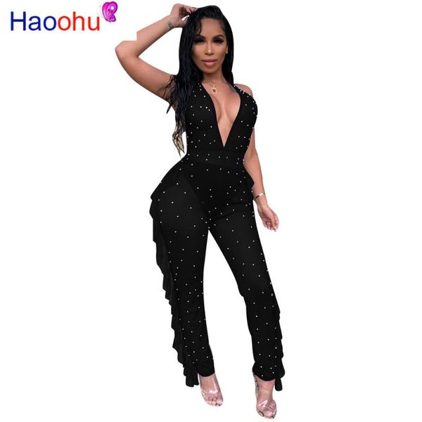 

women's jumpsuits & rompers sheer mesh beaded for women deep v neck double side ruffles party bodysuit summer backless see through over, Black;white