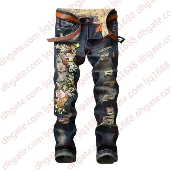 

mens ripped skinny designer jeans tiger embroidery slim elastic denim fit biker jeans pants fashion hole denim pants, Blue