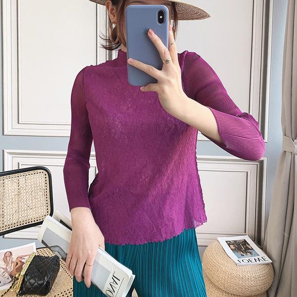 

women's t-shirts fit for 45-75kg plus size clothing stretch miyake pleated half turtleneck long sleeved light tee, White