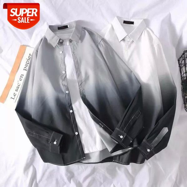 

Shirts For Men Korean Clothes Men Oversized Gradient Button Up Shirt Streetwear Harajuku Long Sleeve Loose White Gray Casual #h48U, White;black