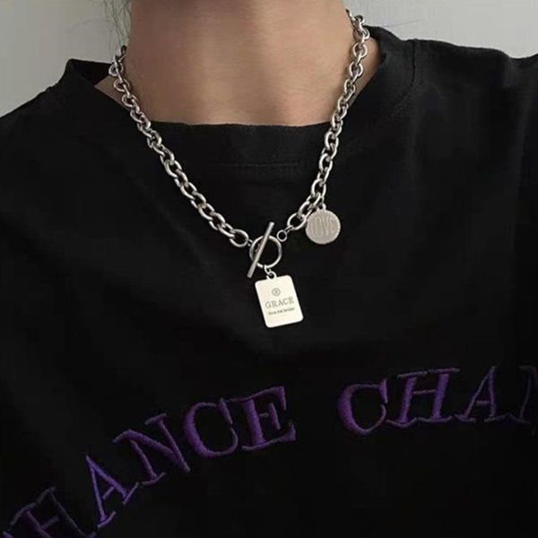 

punk round square stainless steel letter short necklace combination titanium steel mens and womens clavicle chain to chaindio chan contact, Silver