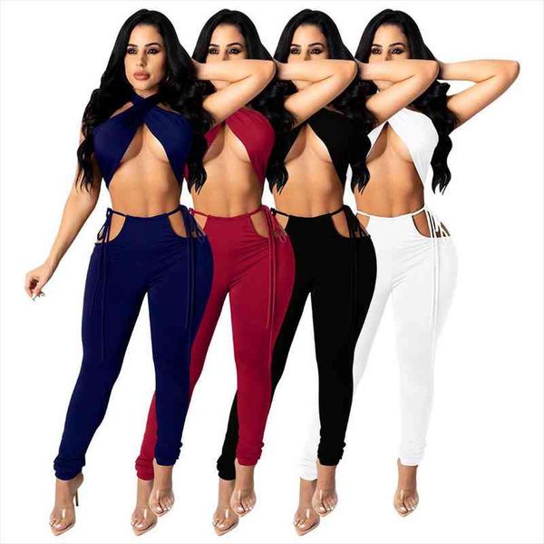 

summer halter lace up womens pants crop legging club outfits ladies party matching set two piece streetwear, White