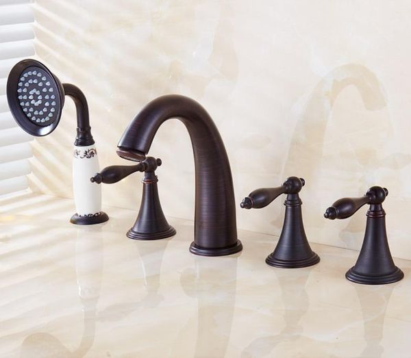 

bathroom sink faucets deck mounted 5 holes bathtub mixer faucet black oil rubbed brass widespread 3 handle basin set handshower atf055