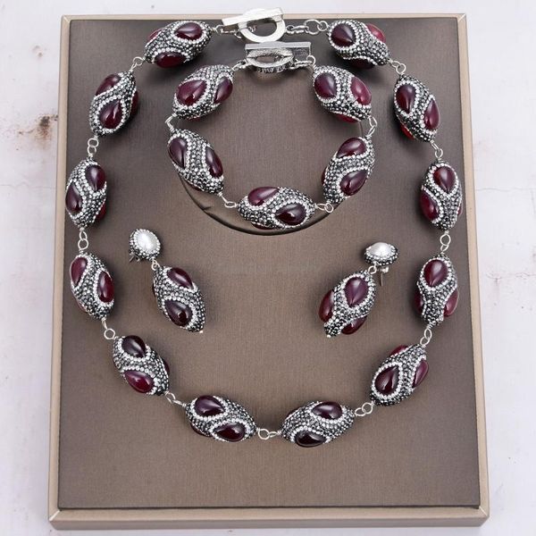 

red agates black rhinestone pave wrap chorker necklace 22" bracelet 8" earrings sets, Silver
