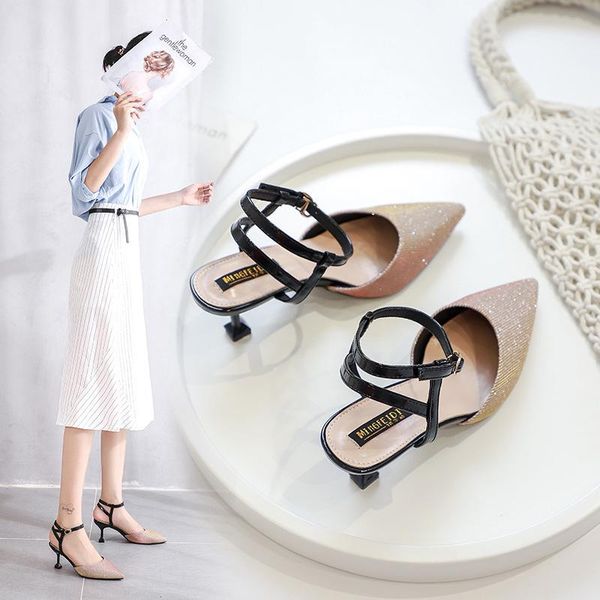 

dress shoes 2021 hollow outside wear a word buckle high-heeled casual and versatile pointy ins fashion thin heel sandals for women, Black