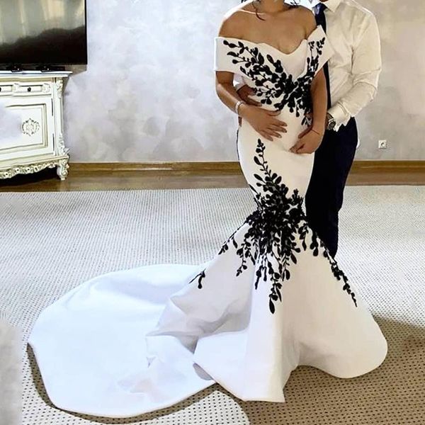 

party dresses white mermaid evening dress off the shoulder black appliques lace masatin prom gowns court train women 2021, White;black