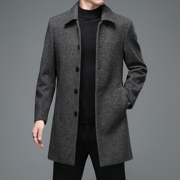 

men's wool & blends mens winter jackets and coats business casual woolen long overcoat men turn down collar, Black