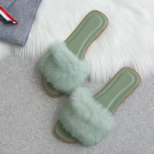 

2021 new women faux fur slides women fake fur sandals solid non-slip outdoor sandals flip flops drop shipping, Black