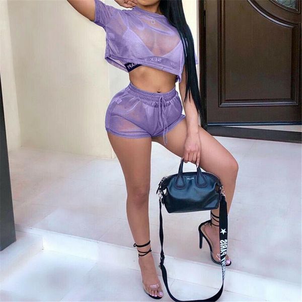 

summer women two piece set outfits mesh crop shorts solid color track suit women streetwear plus size clothes womens sets, Gray