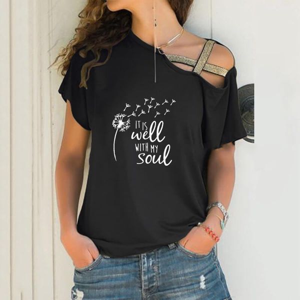 

women's t-shirt it is well with my soul dandelion loose women irregular tshirt christian gift punk skew neck cross bandage, White
