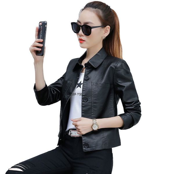 

2021 faux leather ladies new slim female coat autumn winter jaqueta de couro short women's moto biker jacket a267 e3if, Black