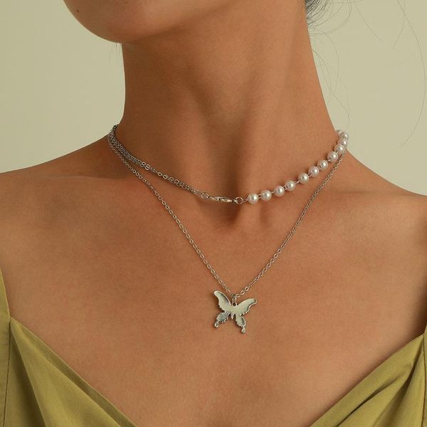 

pendant necklaces vintage multilayer pearl choker heart butterfly chain necklace for women silver color collar party fashion jewelry gift