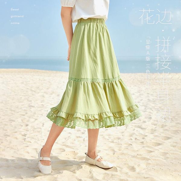 

skirts inman summer mesh aestheti skirt elegant lady kawaii green or white female lace stitching retro ruffled embroidered women bottom, Black