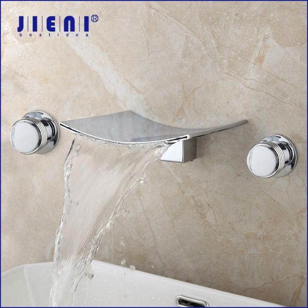

jieni solid brass bathroom bathtub basin sink mixer tap waterfall ceramic double handles deck mounted 3 pcs chrome faucet set
