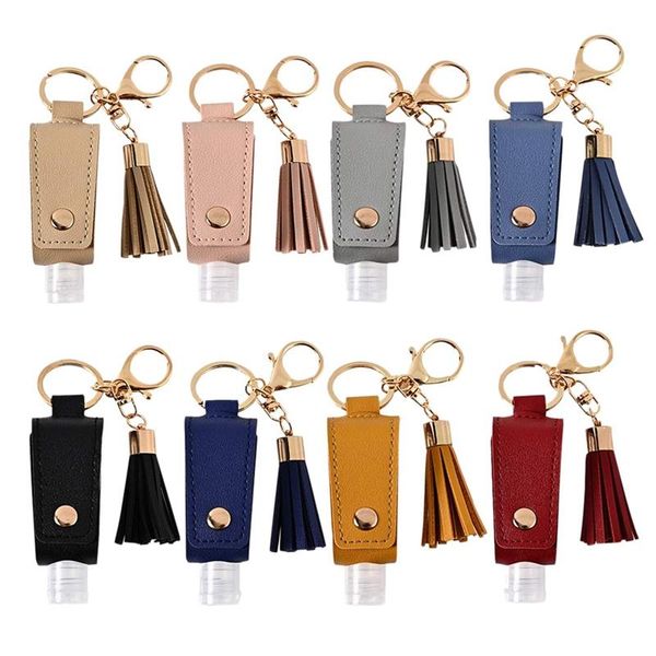 

keychains 8pc leather travel bottle keychain holder set key chain with 30ml clear refillable flip cap empty bottles, Silver