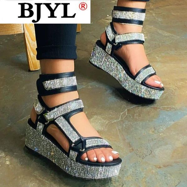

2021 new fashion platform sandals women shoes summer bling crystal super women open toe sandals wedge chunky gladiator, Black