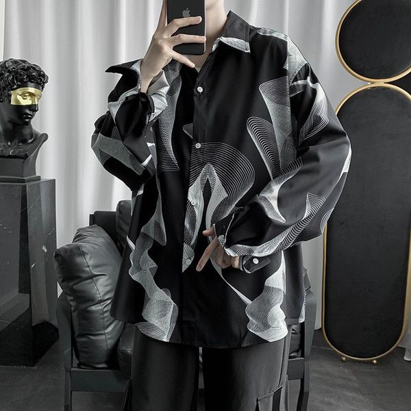 

men's casual shirts spring and autumn male floral retro shirt punk style turn-down collar full polyester blouse men big size, White;black