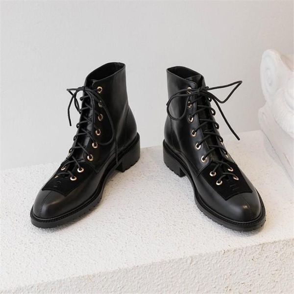

boots retro ankle for women lace-up female shoes motorcycle pitchwork low heel ladies 2021 luxury designer simple, Black