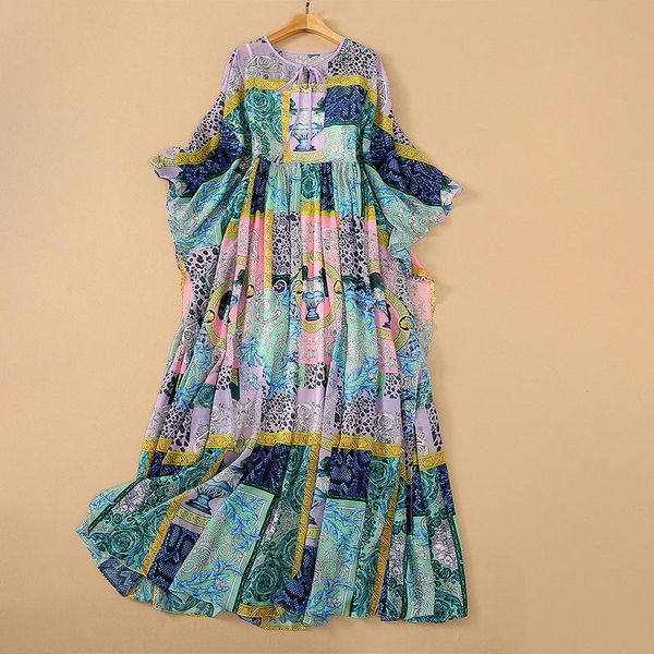 

casual dresses vacation boho summer clothing 2021 runway designers vintage bohemian floral printed pleated long for women, Black;gray