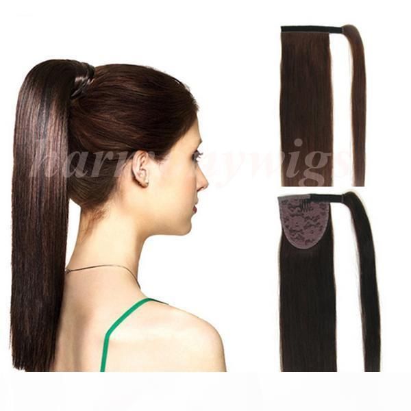 

100% human hair ponytail 20 22inch 100g #6 medium brown double drawn brazilian malaysian indian hair extensions more colors, Black