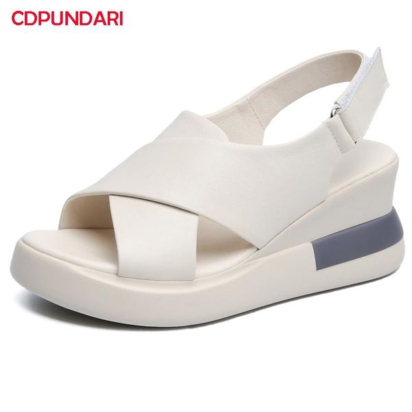 

sandals white black genuine leather wedges for women high heels platform summer casual shoes 2021 sandalias mujer