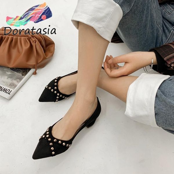 

dress shoes doratasia consise female pumps spring rivet pointed toe slip on shallow women high heel flock office woman, Black