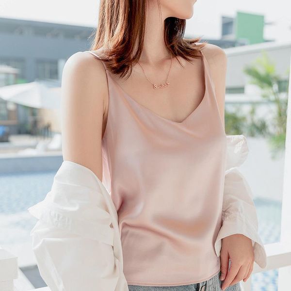 

korean silk women woman solid v neck satin blouses woman sleeveless silk blouse solid plus size blusas mujer de, White