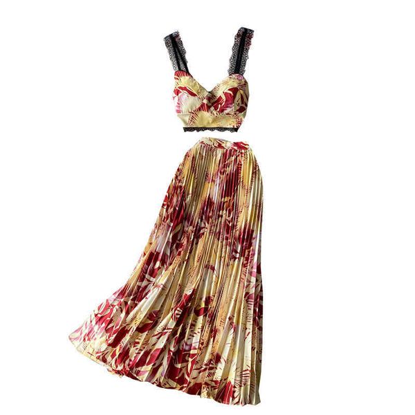 

bohemian vacation beach 2pcs set women floral printed short strapless and high waist pleated long skirt suit spring summer 210708, White