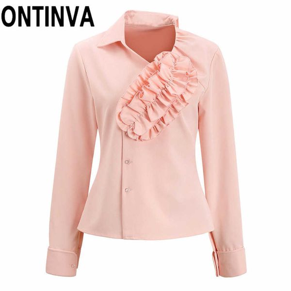

clearance ladies elegant pink color ruffles blouse shirt irregular work wear button up long sleeve female fashion blusas 210527, White