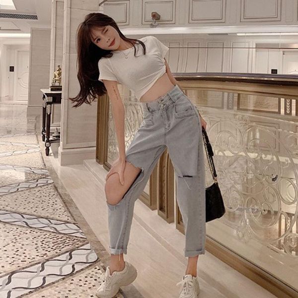 

xizou women jeans boyfriends large size ripped jeans with high waist streetwear denim straight pants pantalon jean femme, Black;white
