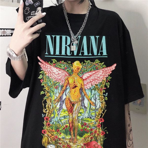 

2020 new women clothing summer gothic print t shirt nirvana women graphic tees women loose letter breathable tee oversize c0220, White