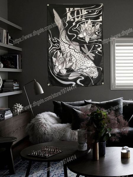 Carpa Pesce Tatuaggio giapponese Poster Bandiera Banner Decorazione domestica Bandiera appesa 4 Gromments negli angoli 35FT 96 * 144 cm Pittura Wall Art Print Poster