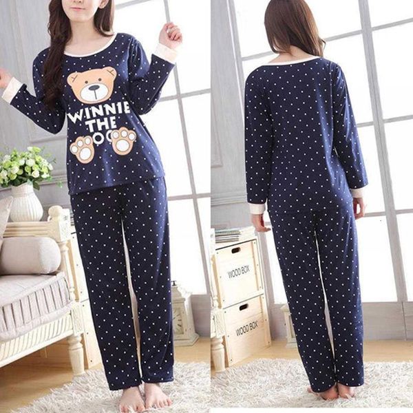 

women long sleeve bear print and pants wave point pajamas set sleepwear, Black;red
