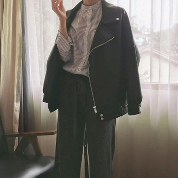 

loose pu faux leather jacket vintage women classic moto biker jacket casual autumn lady basic coat fashion outerwear, Black;brown